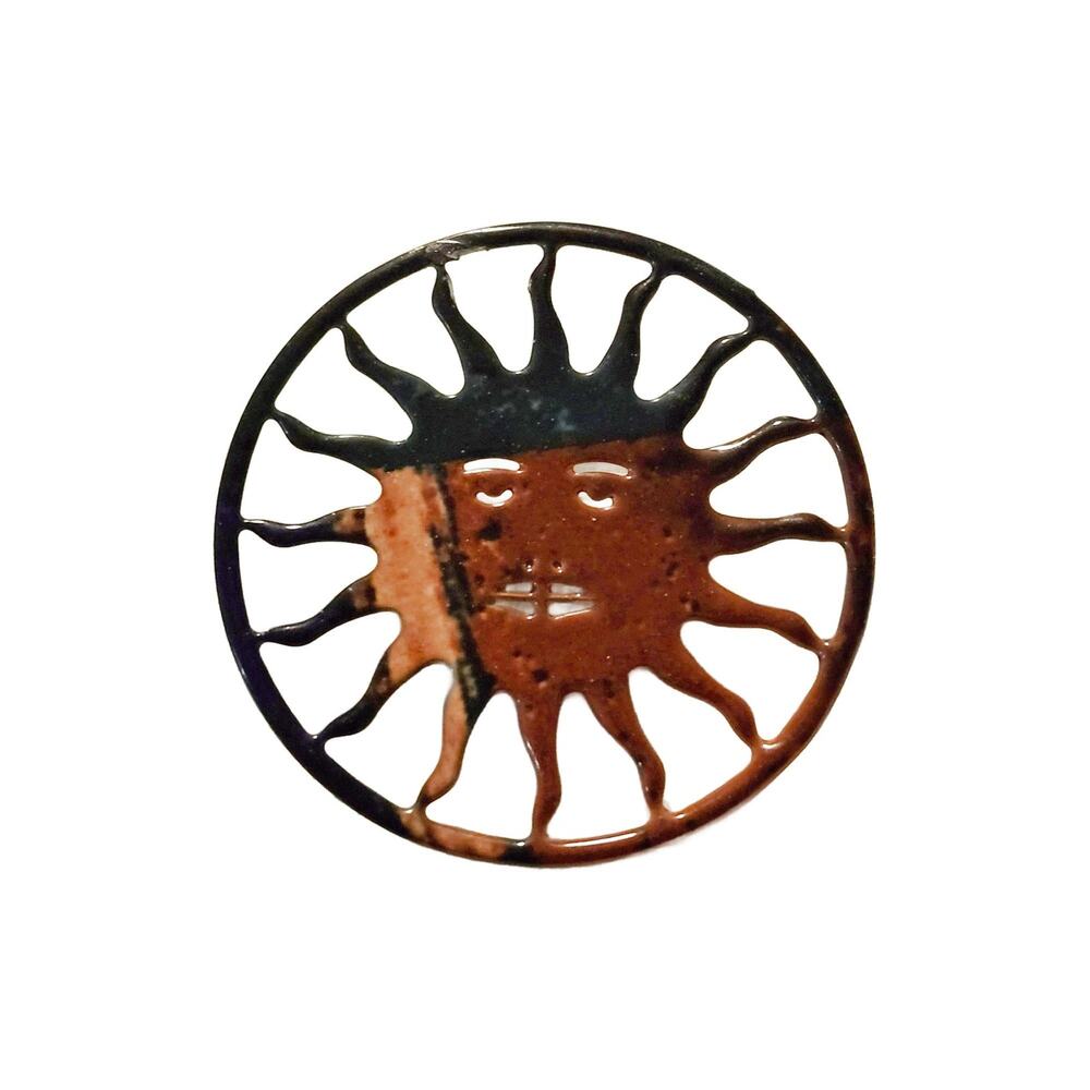 Mid Century Celestial Sun Brooch: Enamel over Copper Pin
